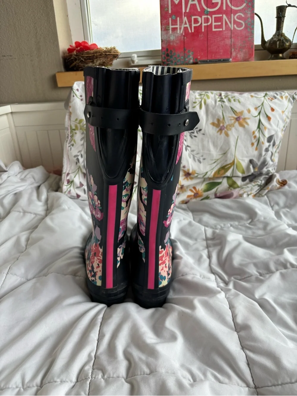Joules Welly Print Tall Rain Boots Navy Floral Womens US 6 Adjustable